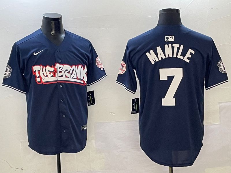 Men New York Yankees 7 Mantle Drak Blue four generations Joint Name 2025 Nike MLB Jersey style 1
